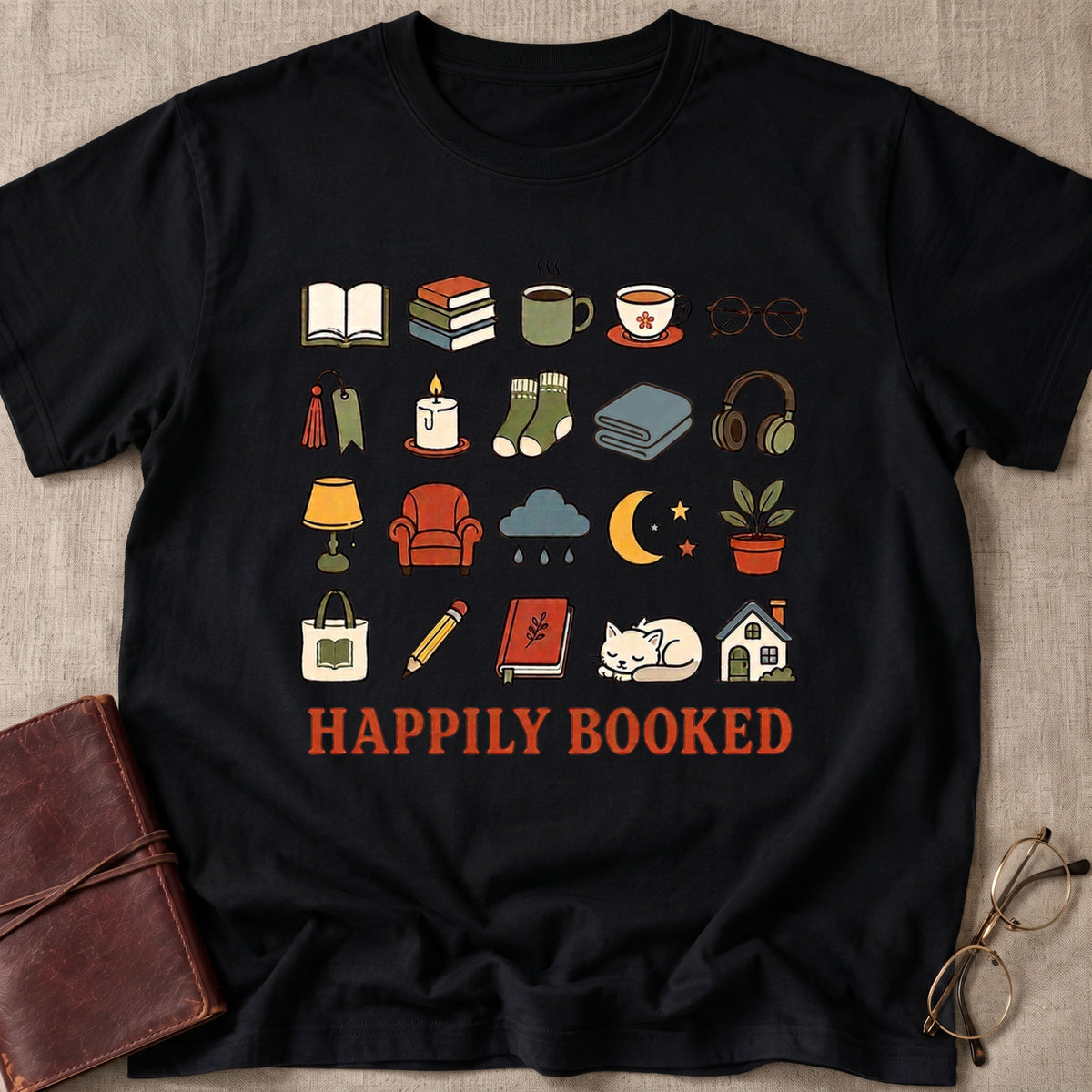 Happily Booked Doodle Icons T-Shirt