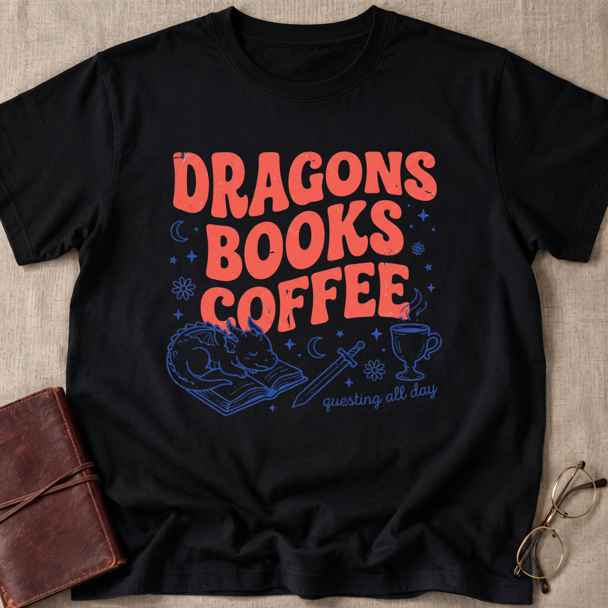 Dragons Books Coffee | Questing All Day T-Shirt