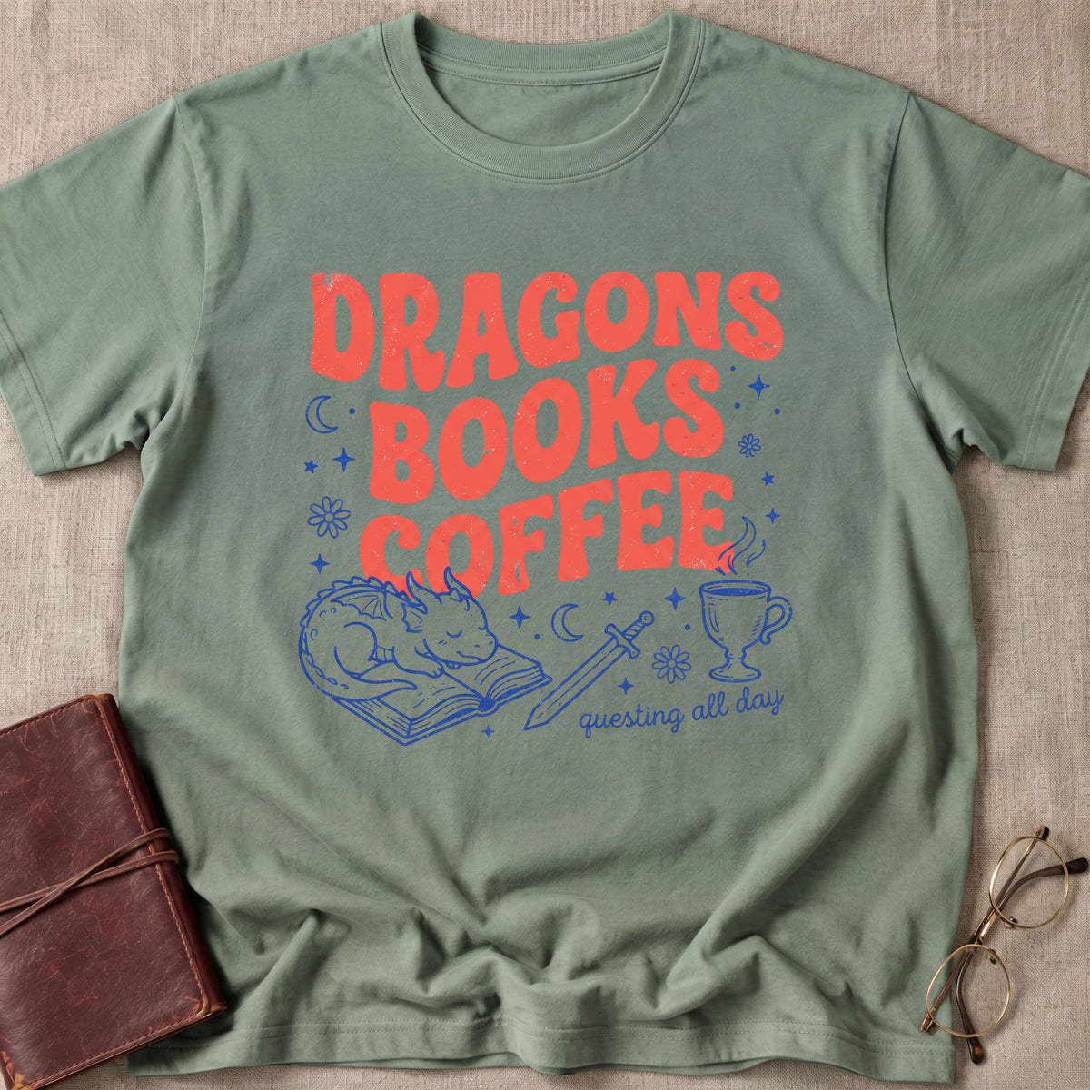 Dragons Books Coffee | Questing All Day T-Shirt