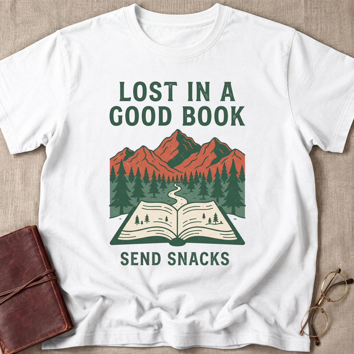 Lost in a Good Book | Send Snacks T-Shirt